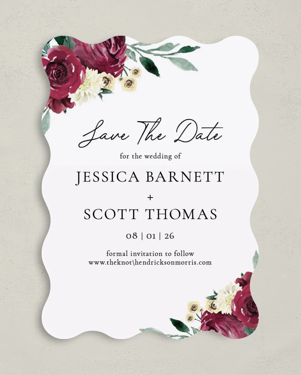 This is a 5" x 7" Save the Date Card called Floral Touch printed in full color on Premium Smooth paper