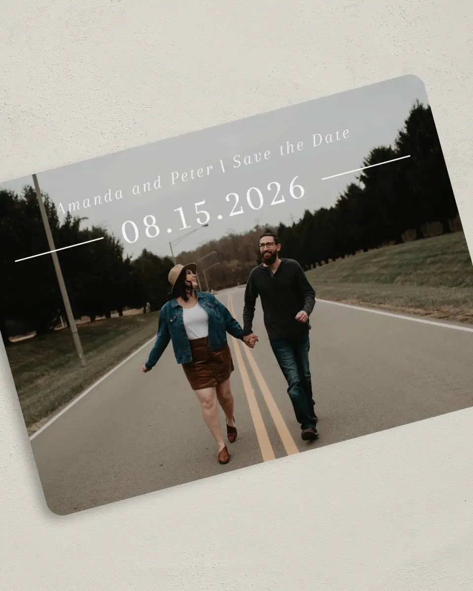 This is a 5" x 7" Save the Date Card called Ethereal Evergreens printed in full color on Premium Smooth paper