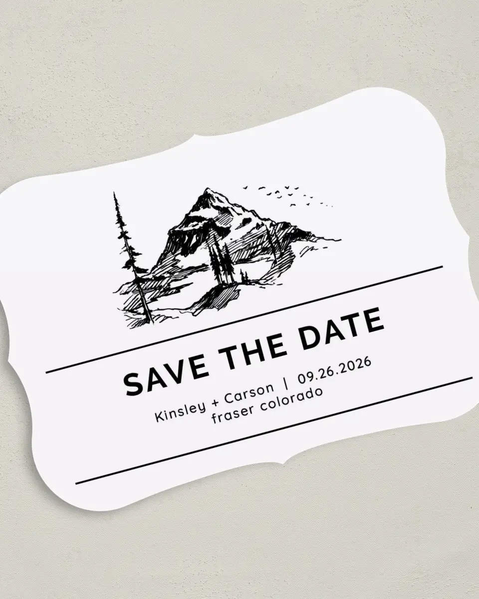 This is a 5" x 7" Save the Date Card called Mountain Romance printed in full color on Premium Smooth paper