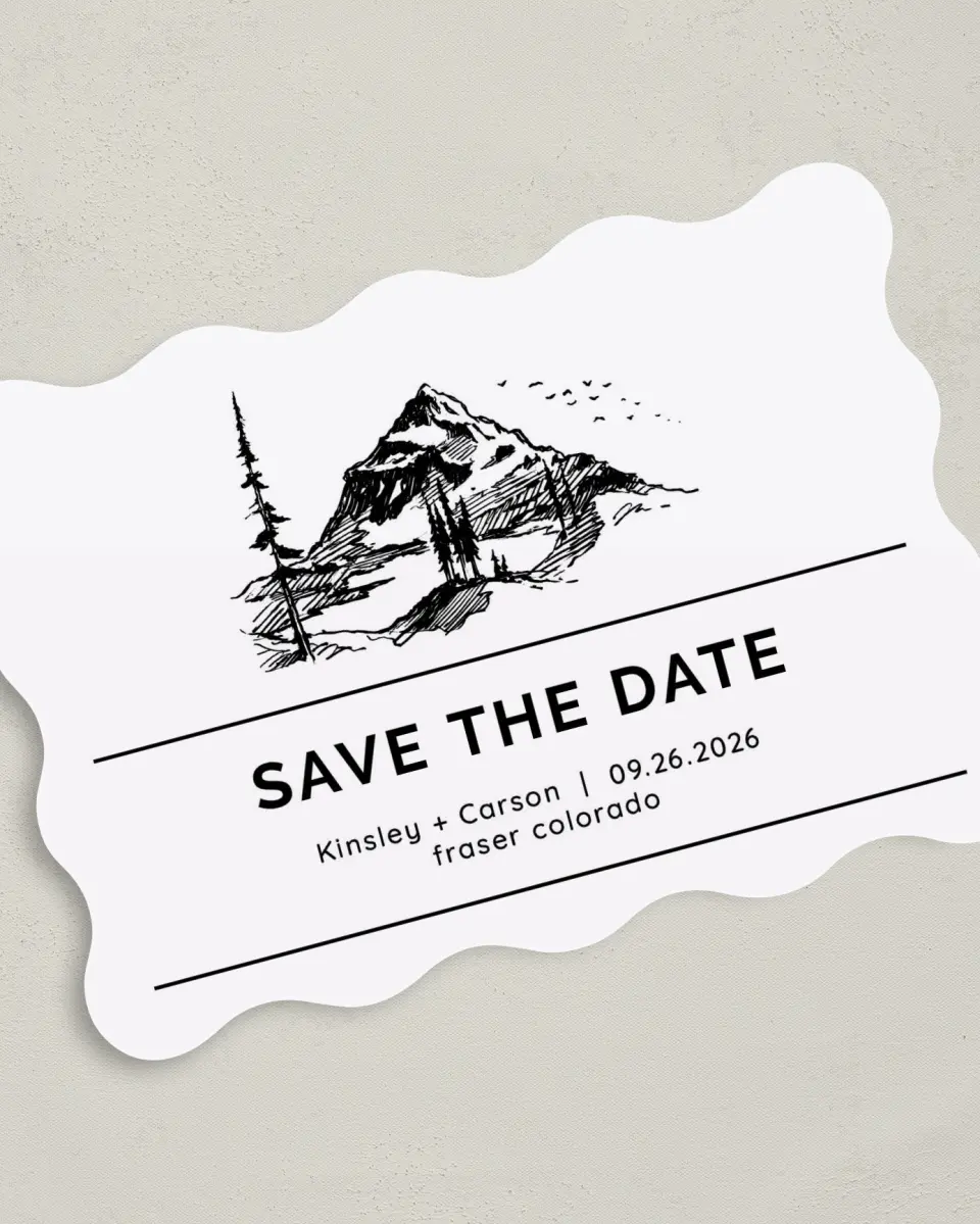 This is a 5" x 7" Save the Date Card called Mountain Romance printed in full color on Premium Smooth paper