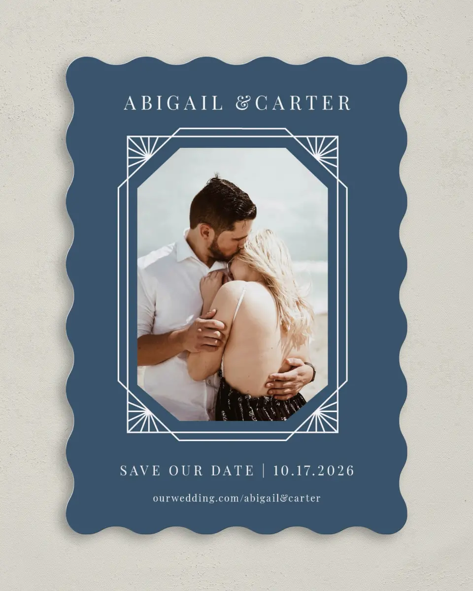 This is a 5" x 7" Save the Date Card called Mod Deco printed in full color on Premium Smooth paper