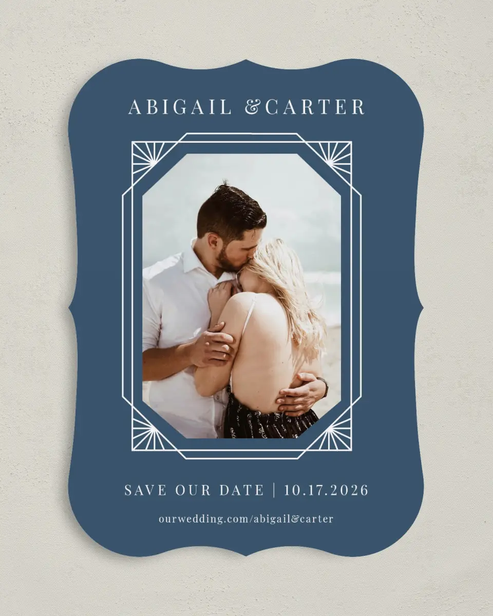 This is a 5" x 7" Save the Date Card called Mod Deco printed in full color on Premium Smooth paper