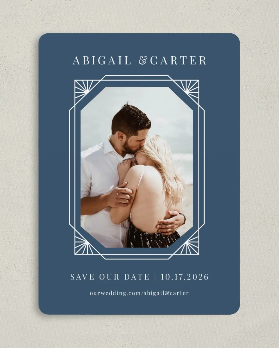 This is a 5" x 7" Save the Date Card called Mod Deco printed in full color on Premium Smooth paper