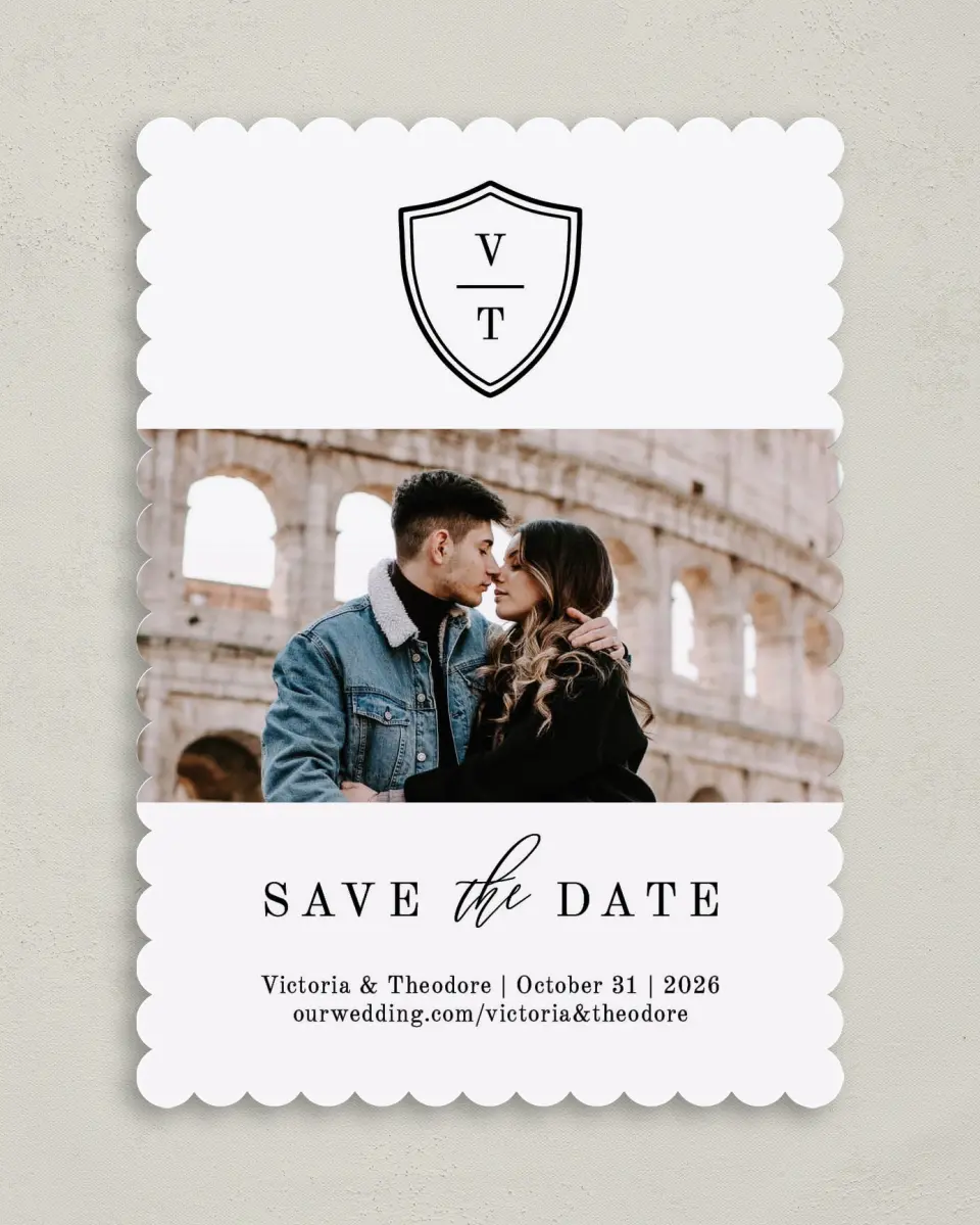 This is a 5" x 7" Save the Date Card called Shield of Love printed in full color on Premium Smooth paper