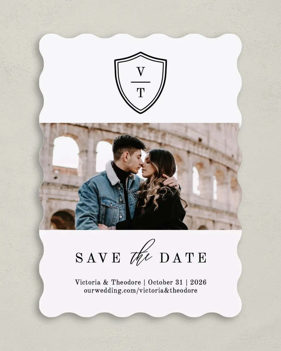 This is a 5" x 7" Save the Date Card called Shield of Love printed in full color on Premium Smooth paper