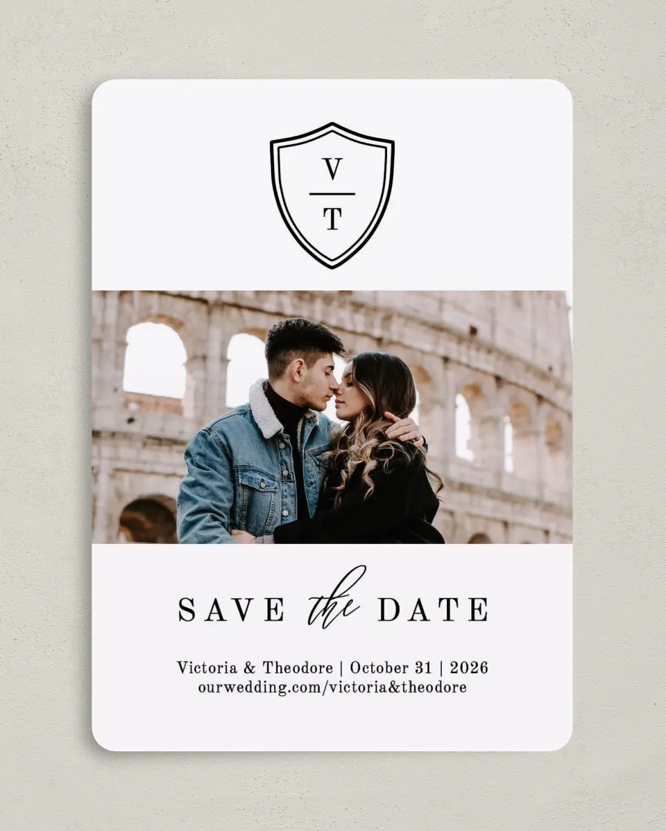 This is a 5" x 7" Save the Date Card called Shield of Love printed in full color on Premium Smooth paper