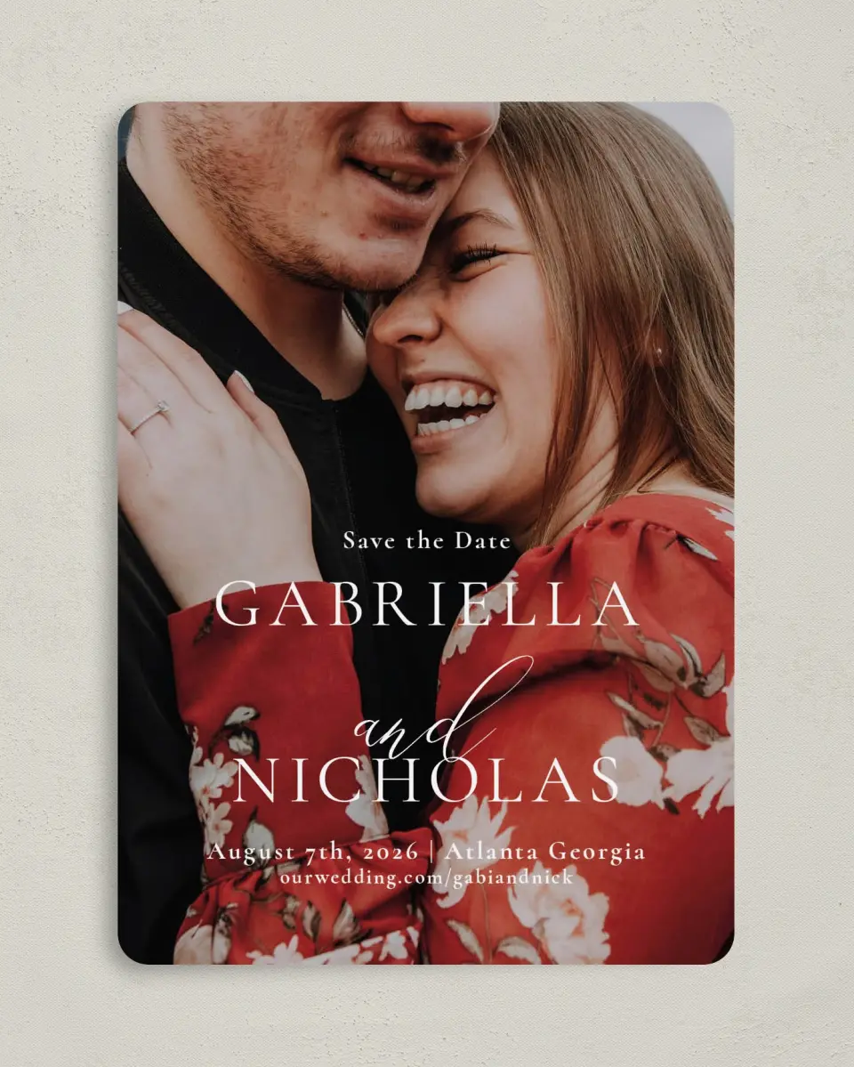 This is a 5" x 7" Save the Date Card called Minimalist Type printed in full color on Premium Smooth paper