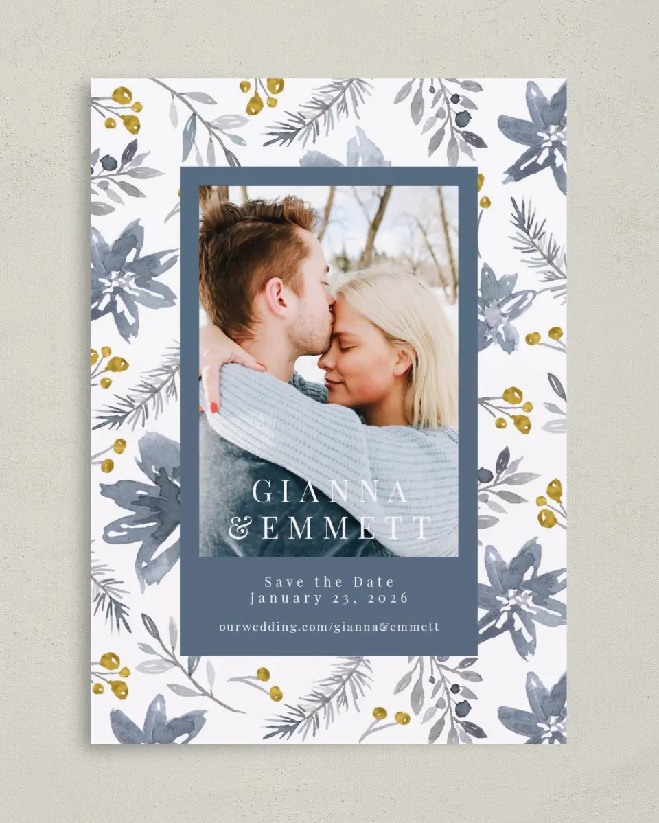 This is a 5" x 7" Save the Date Card called Winter Floral printed in full color on Premium Smooth paper