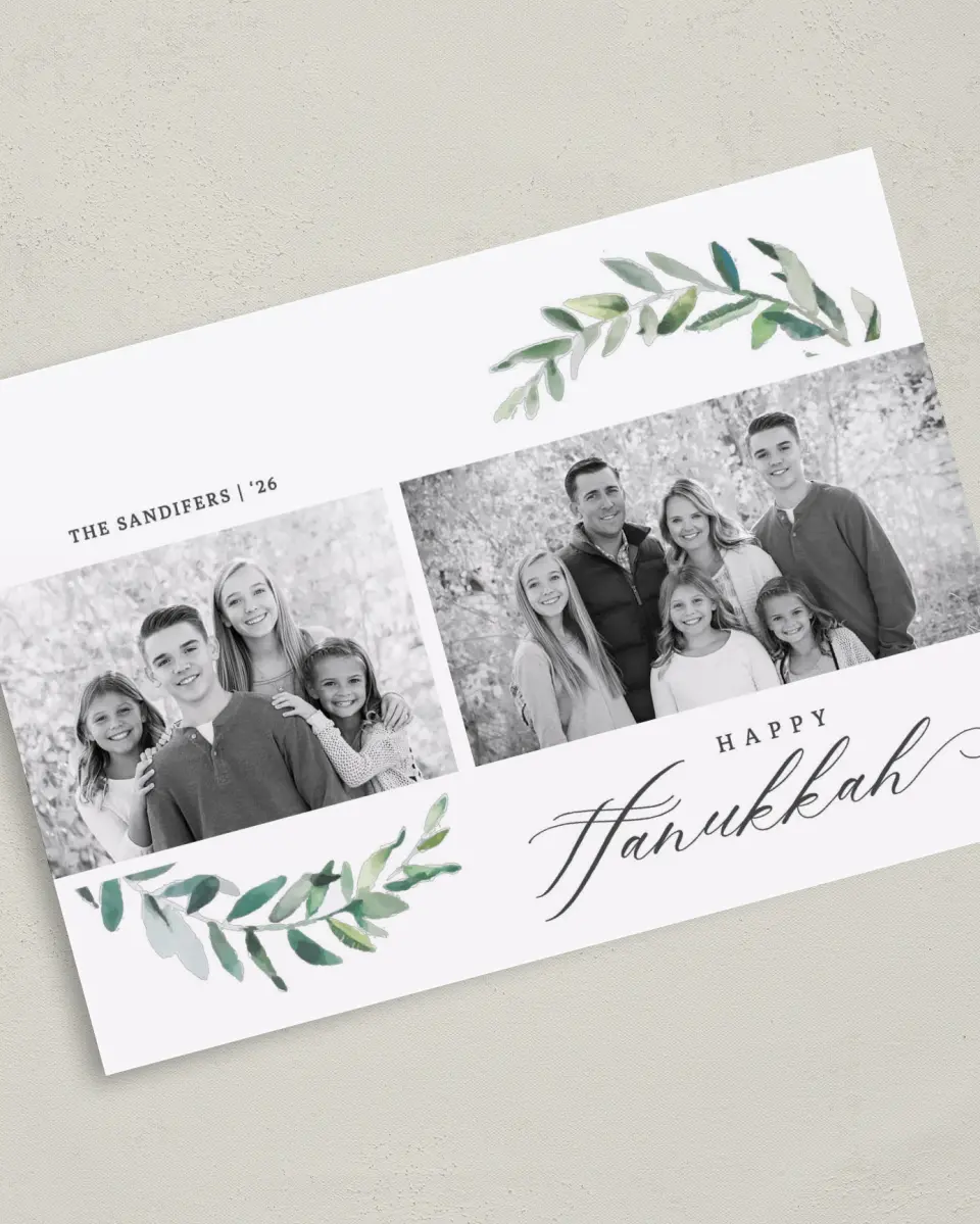 This is a 5" x 7" Hanukkah Card called Gentle Garland printed in full color with Silver foil on Luxe Satin (coated) paper