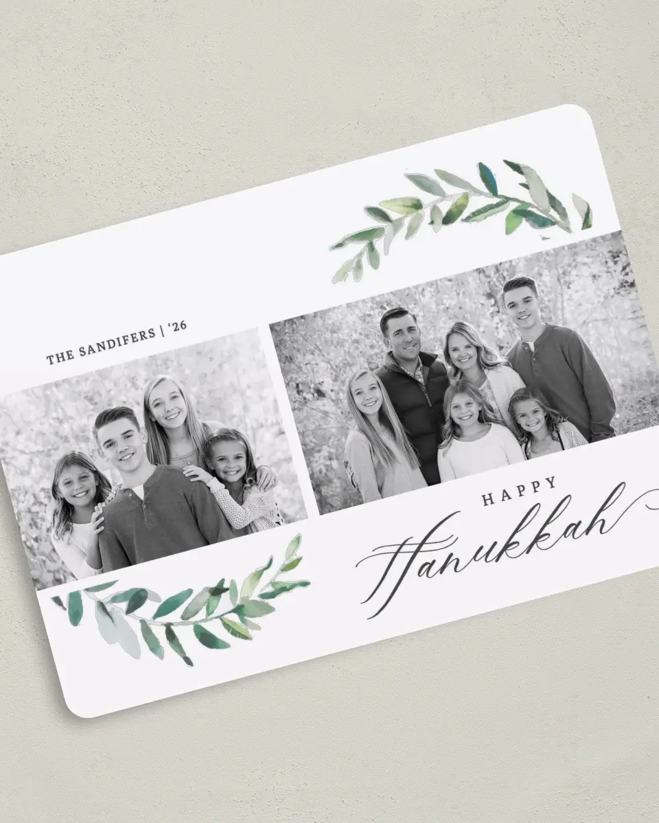 This is a 5" x 7" Hanukkah Card called Gentle Garland printed in full color with Silver foil on Luxe Satin (coated) paper