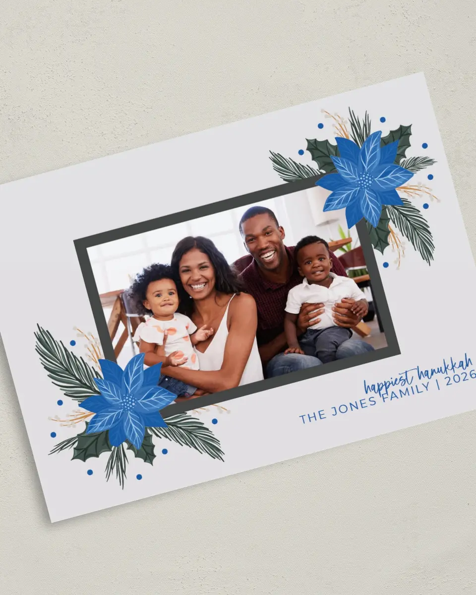 This is a 5" x 7" Hanukkah Card called Hanukkah Blooms printed in full color with Gold foil on Luxe Satin (coated) paper
