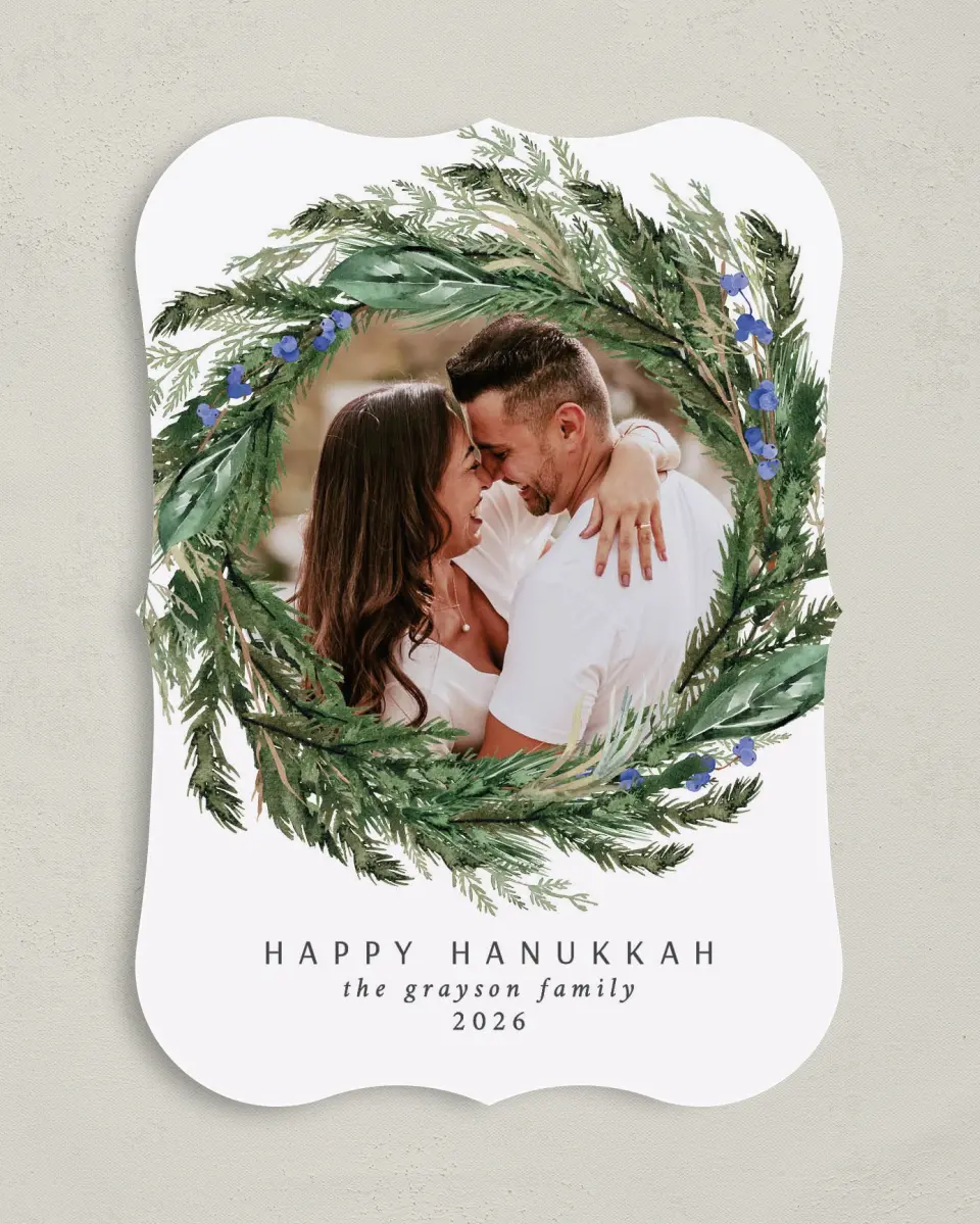 This is a 5" x 7" Hanukkah Card called Wondrous Wreath printed in full color on Premium Smooth paper