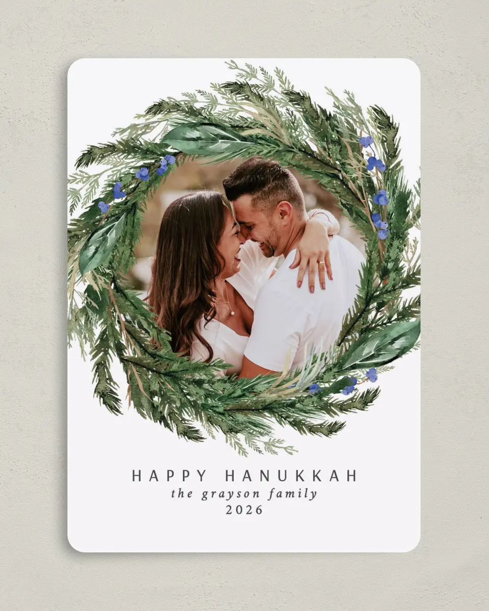This is a 5" x 7" Hanukkah Card called Wondrous Wreath printed in full color with Silver foil on Luxe Satin (coated) paper