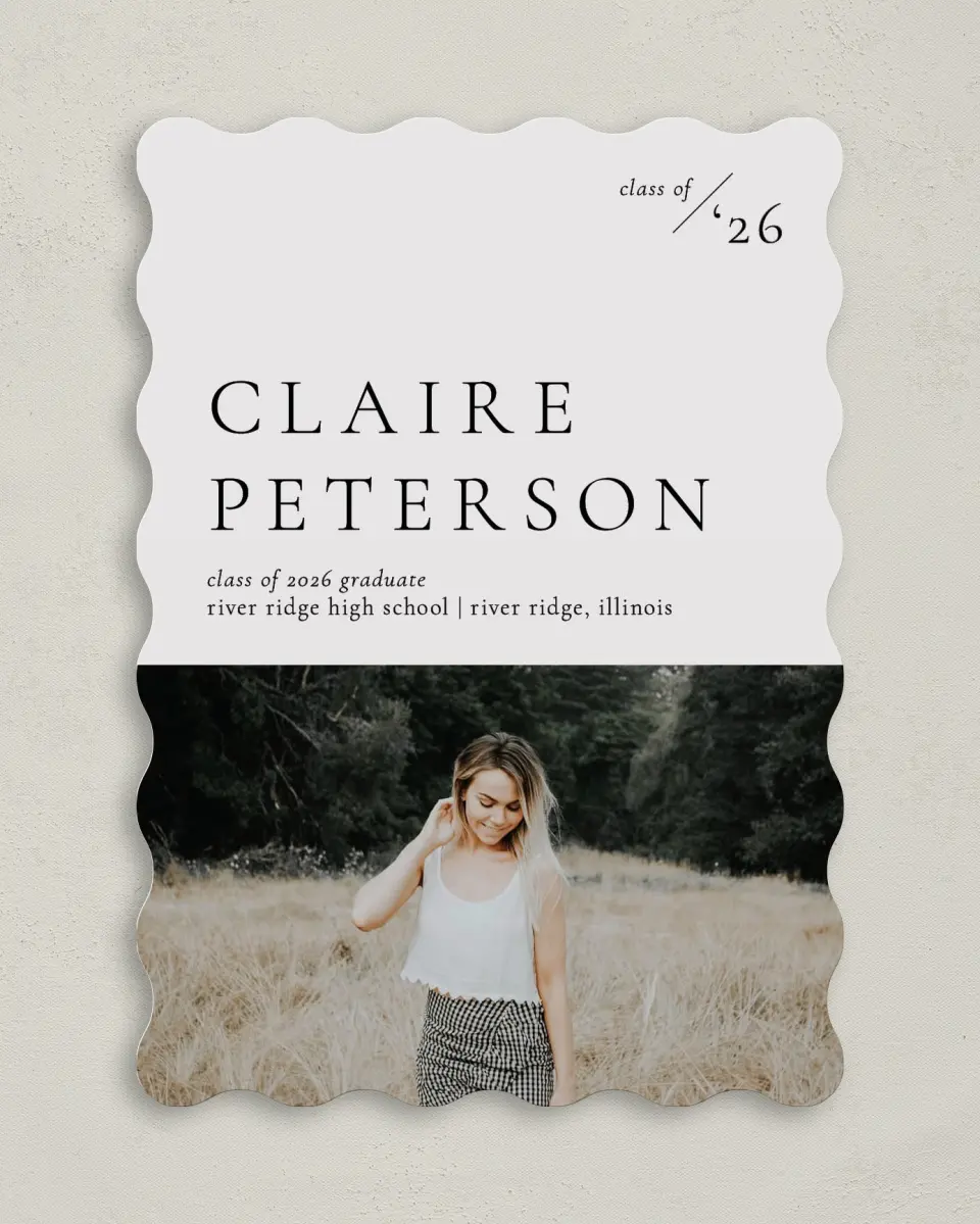 This is a 5" x 7" Graduation Announcement Card called Dashing Grad printed in full color with Rose Gold foil on Luxe Satin (coated) paper