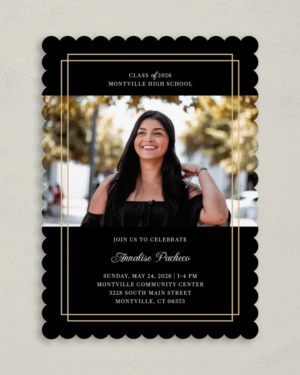 This is a 5" x 7" Graduation Announcement Card called Commencement Chic printed in full color on Premium Smooth paper