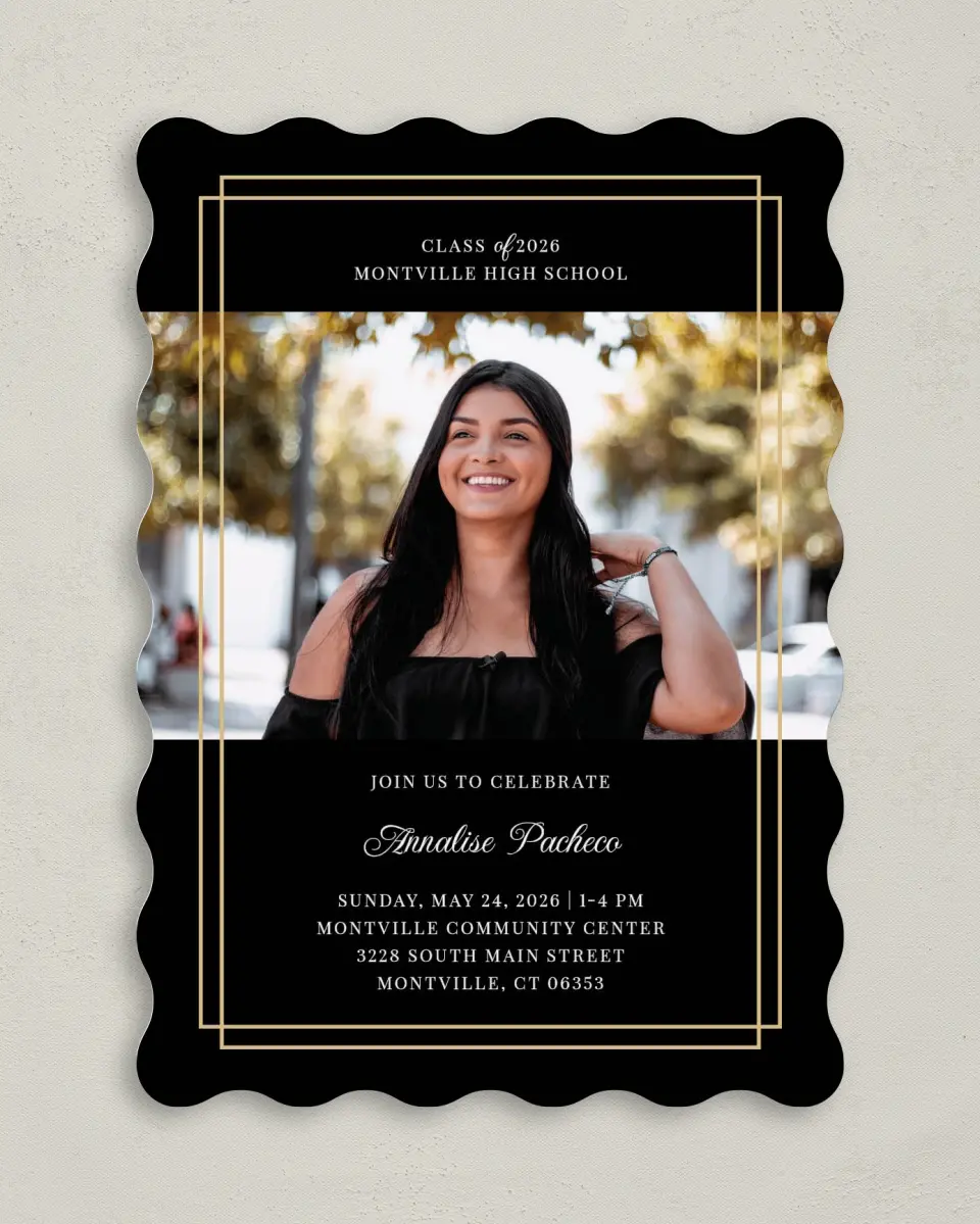 This is a 5" x 7" Graduation Announcement Card called Commencement Chic printed in full color with Silver foil on Luxe Satin (coated) paper