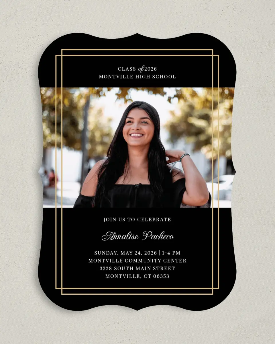This is a 5" x 7" Graduation Announcement Card called Commencement Chic printed in full color on Premium Smooth paper