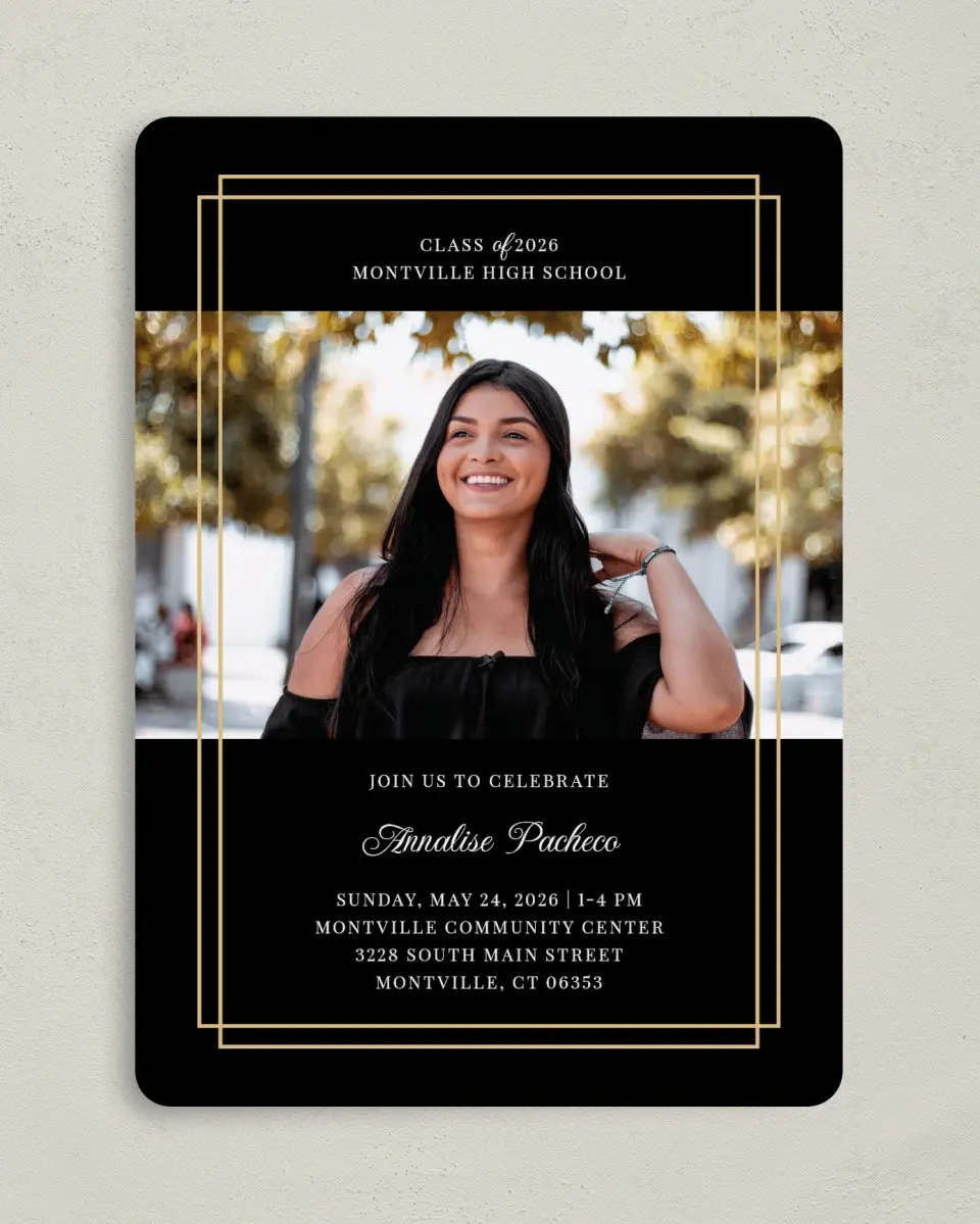 This is a 5" x 7" Graduation Announcement Card called Commencement Chic printed in full color on Premium Smooth paper