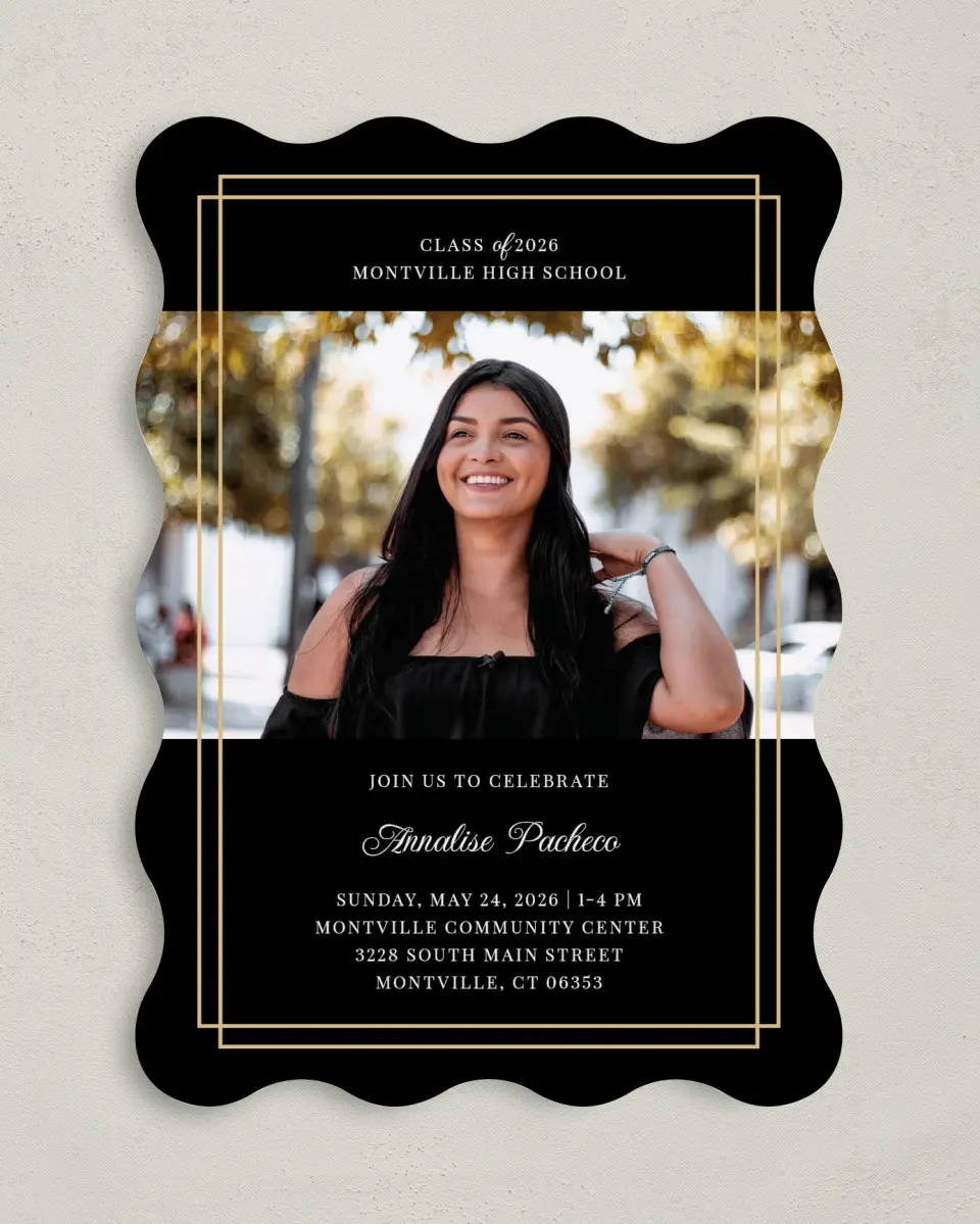 This is a 5" x 7" Graduation Announcement Card called Commencement Chic printed in full color on Premium Smooth paper