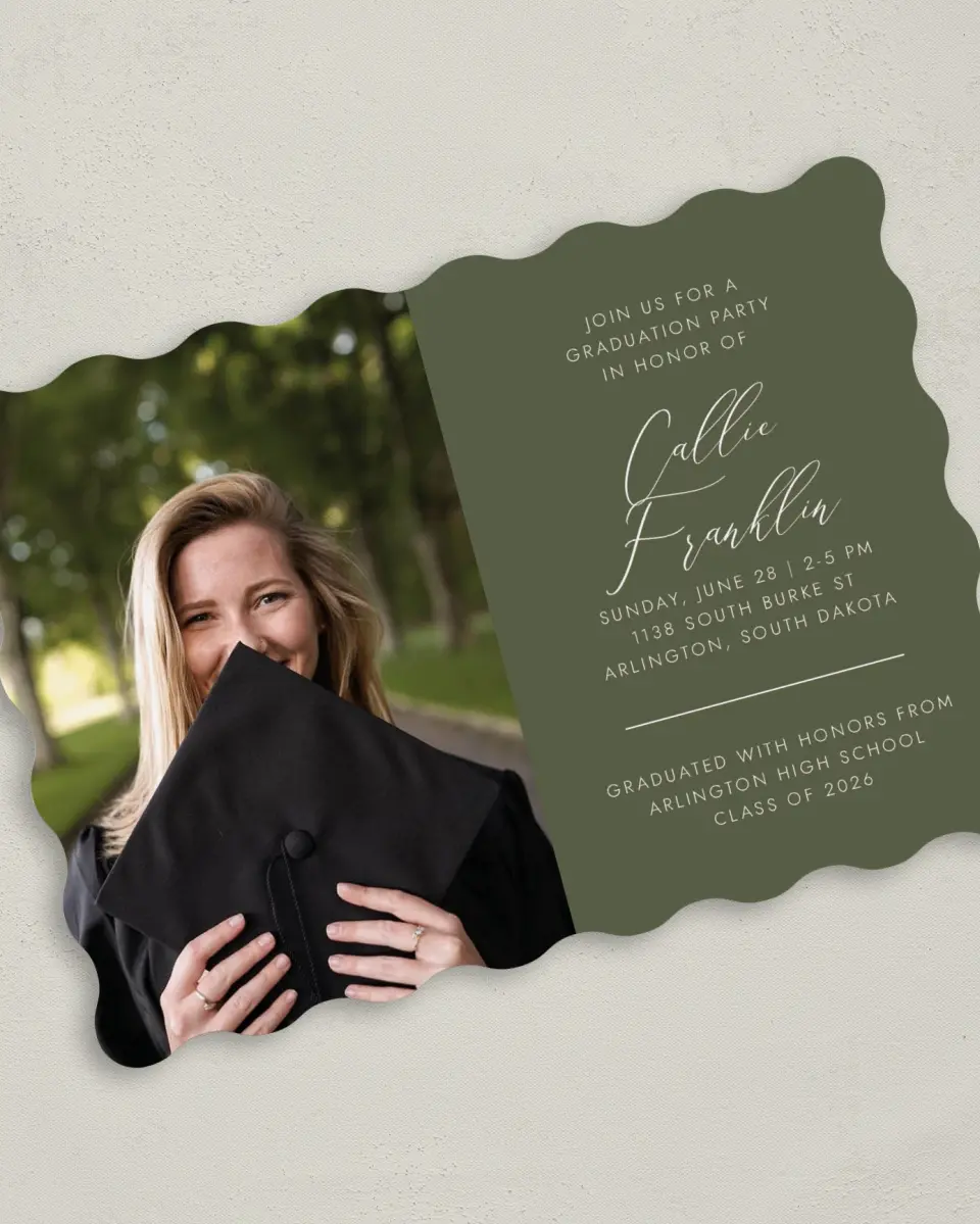 This is a 5" x 7" Graduation Announcement Card called Formal Degree printed in full color with Silver foil on Luxe Satin (coated) paper