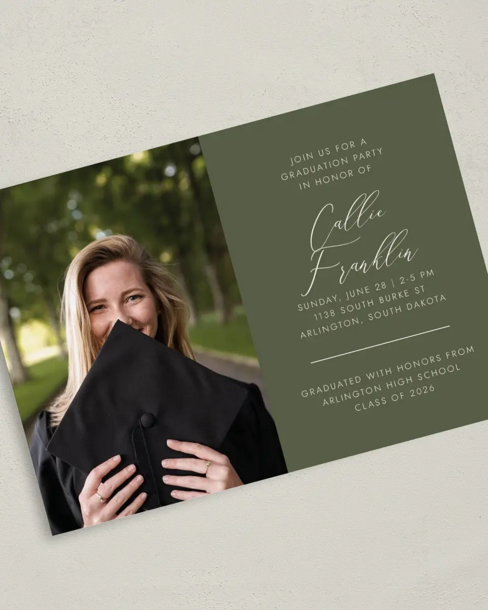 This is a 5" x 7" Graduation Announcement Card called Formal Degree printed in full color on Premium Smooth paper