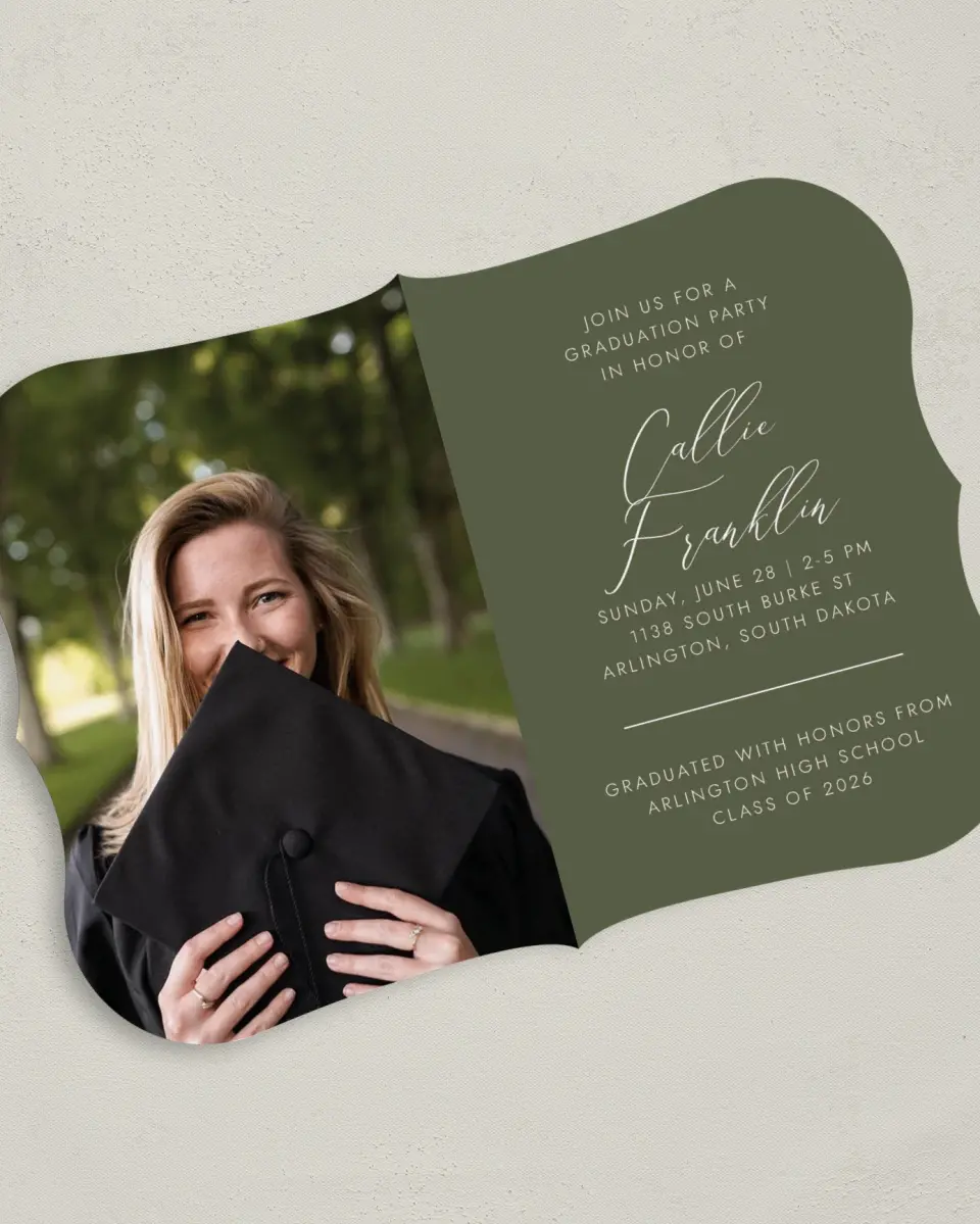 This is a 5" x 7" Graduation Announcement Card called Formal Degree printed in full color on Premium Smooth paper