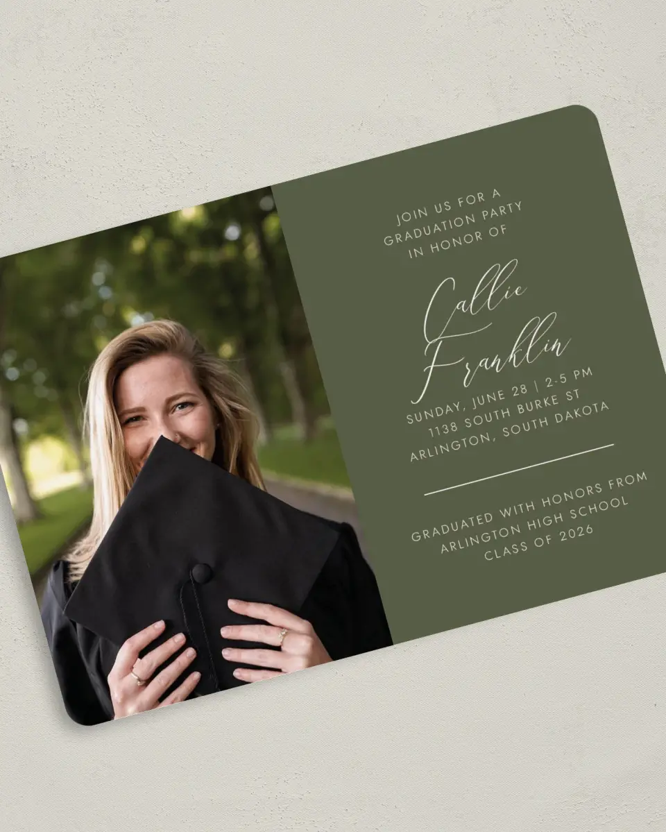This is a 5" x 7" Graduation Announcement Card called Formal Degree printed in full color on Premium Smooth paper