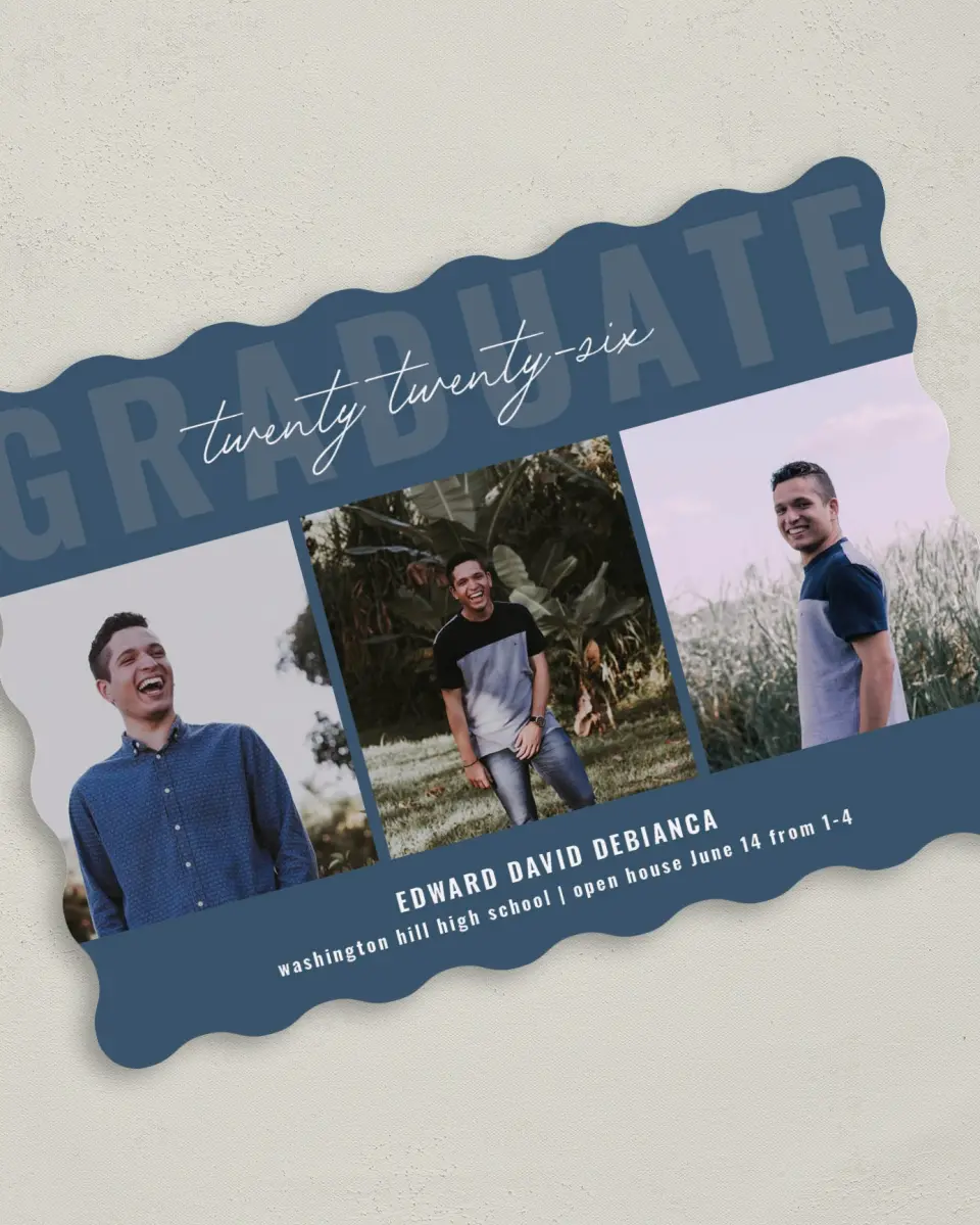 This is a 5" x 7" Graduation Announcement Card called I Did It! printed in full color with Rose Gold foil on Luxe Satin (coated) paper