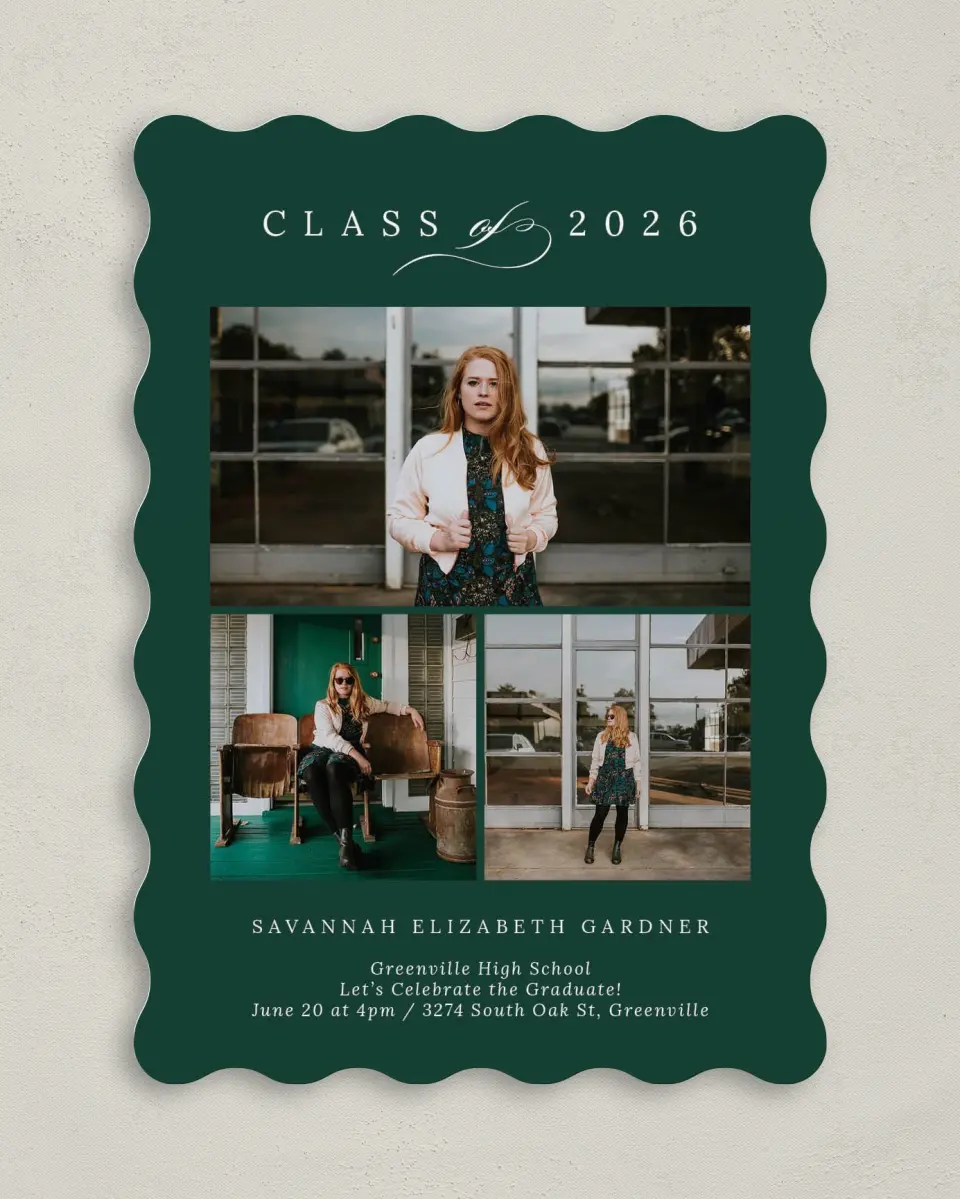 This is a 5" x 7" Graduation Announcement Card called Celebrated Day printed in full color with Gold foil on Luxe Satin (coated) paper