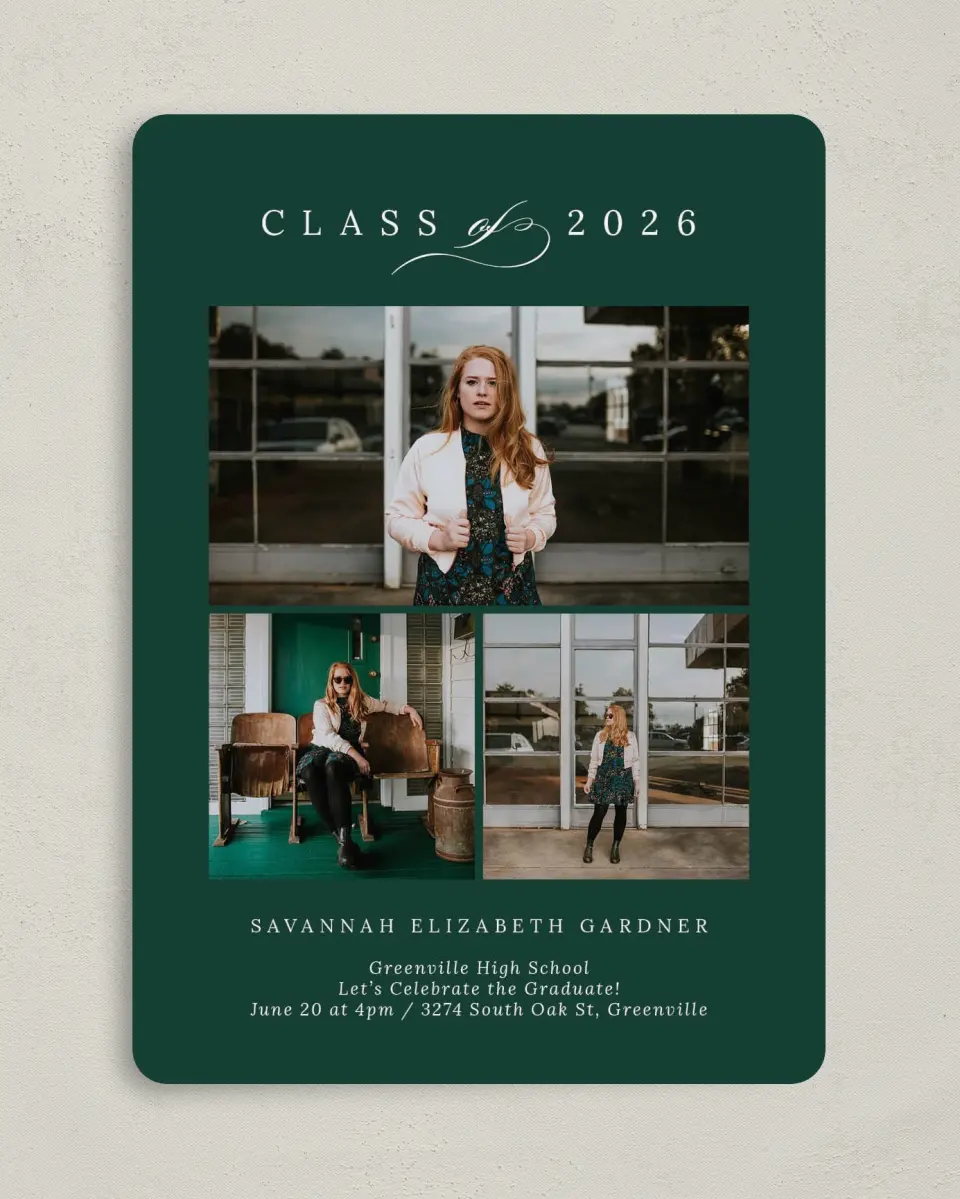 This is a 5" x 7" Graduation Announcement Card called Celebrated Day printed in full color on Premium Smooth paper