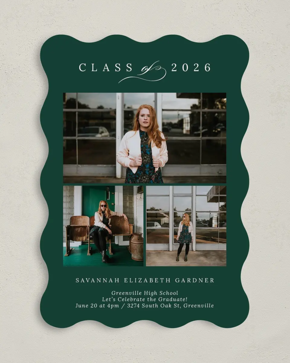 This is a 5" x 7" Graduation Announcement Card called Celebrated Day printed in full color on Premium Smooth paper