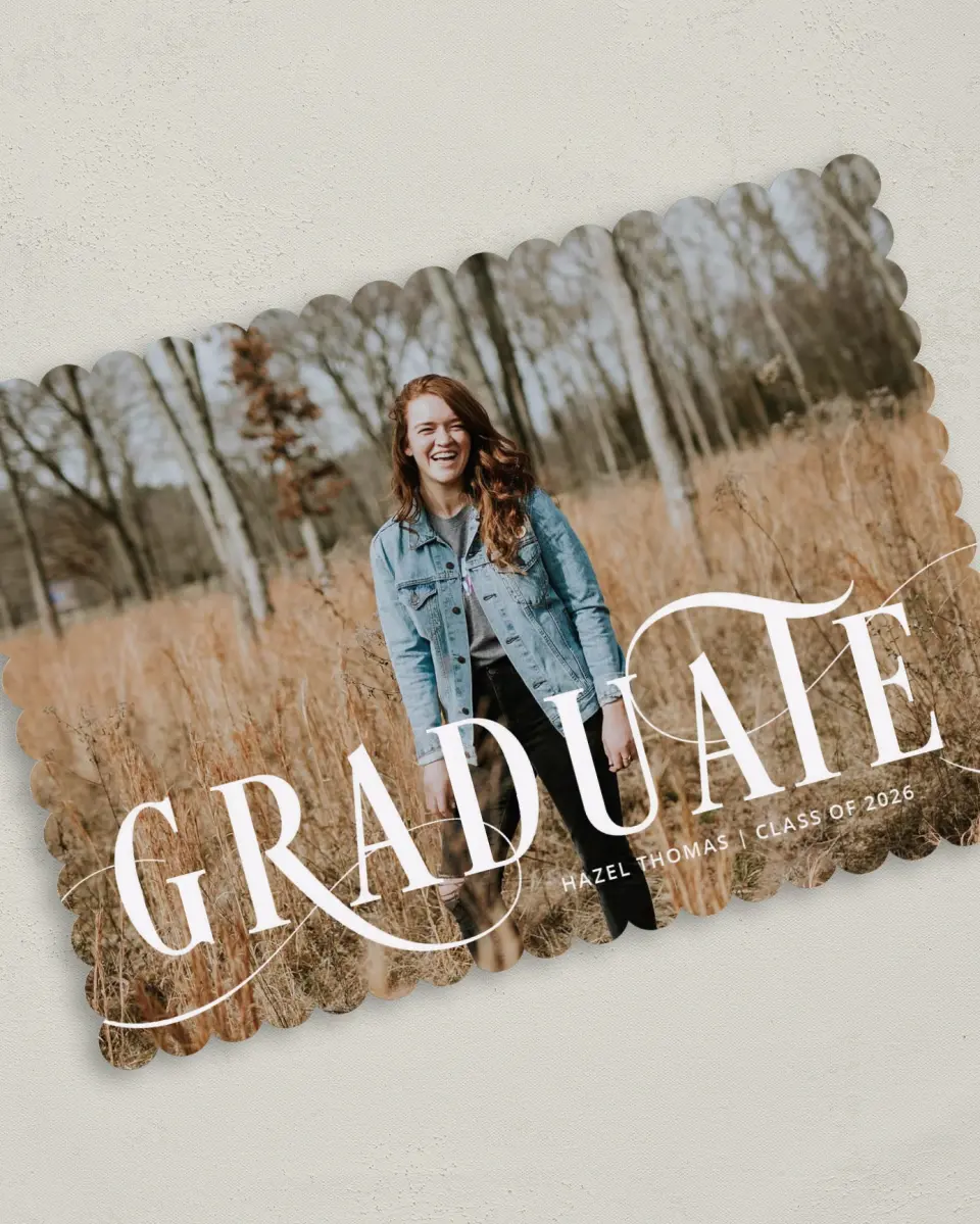 This is a 5" x 7" Graduation Announcement Card called Candid Grad printed in full color on Premium Smooth paper