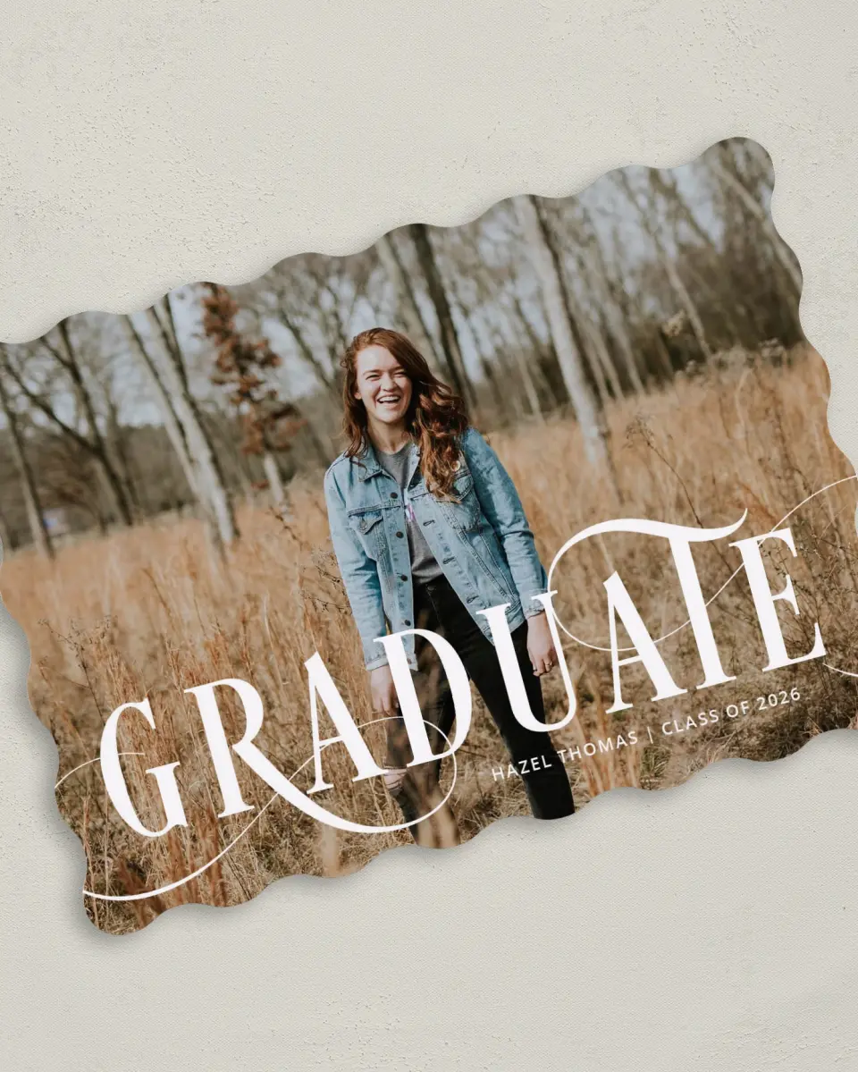 This is a 5" x 7" Graduation Announcement Card called Candid Grad printed in full color with Gold foil on Luxe Satin (coated) paper