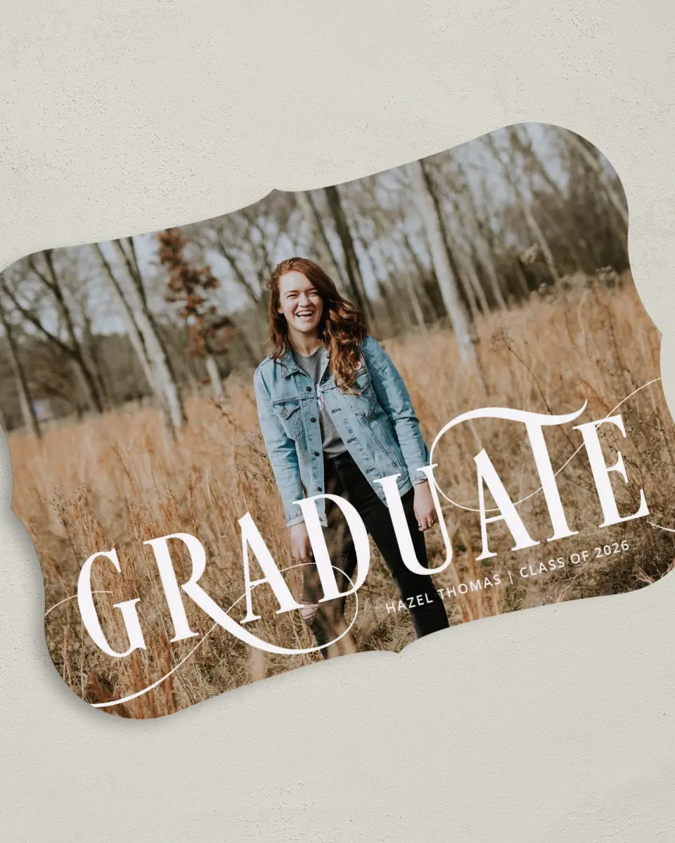This is a 5" x 7" Graduation Announcement Card called Candid Grad printed in full color on Premium Smooth paper