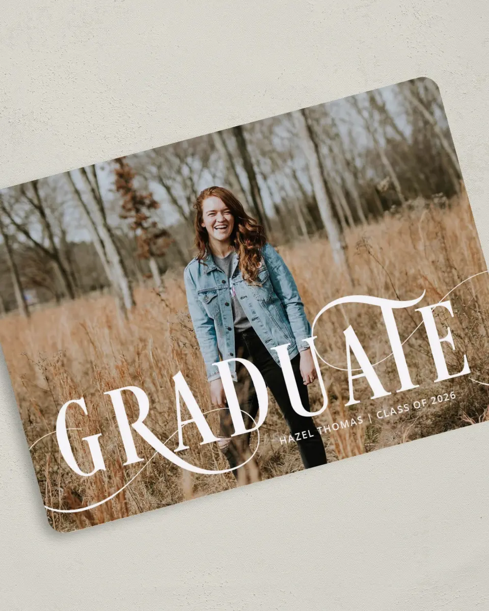 This is a 5" x 7" Graduation Announcement Card called Candid Grad printed in full color on Premium Smooth paper