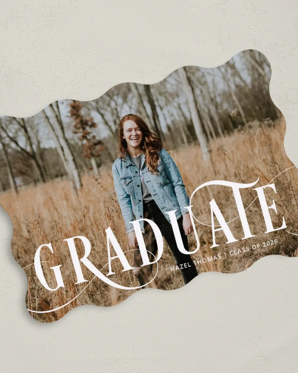 This is a 5" x 7" Graduation Announcement Card called Candid Grad printed in full color on Premium Smooth paper