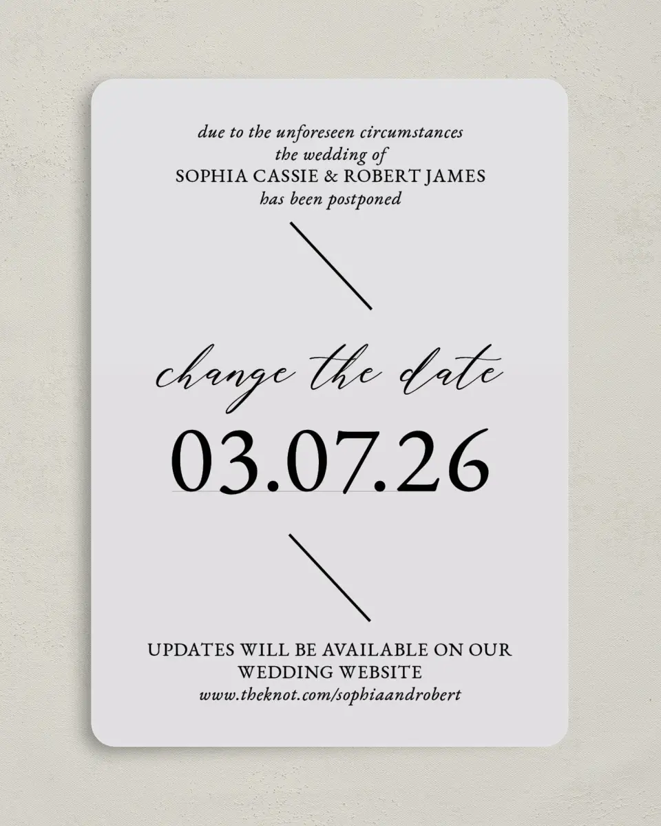 This is a 5" x 7" Change the Date Card called Wedding Update printed in full color on Premium Smooth paper