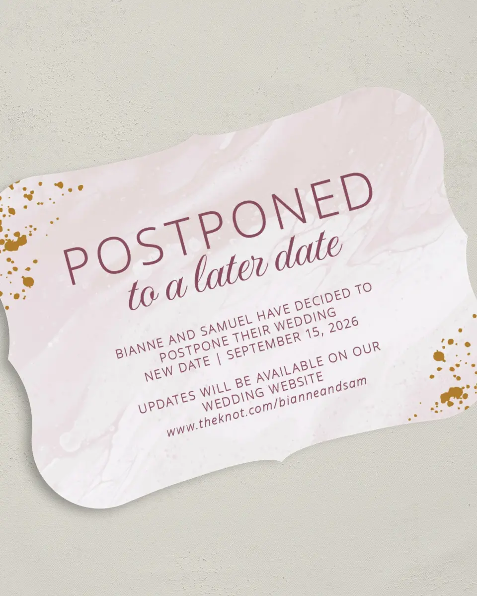 This is a 5" x 7" Change the Date Card called Postponed printed in full color on Premium Smooth paper
