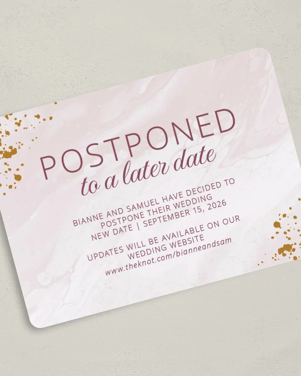 This is a 5" x 7" Change the Date Card called Postponed printed in full color on Premium Smooth paper