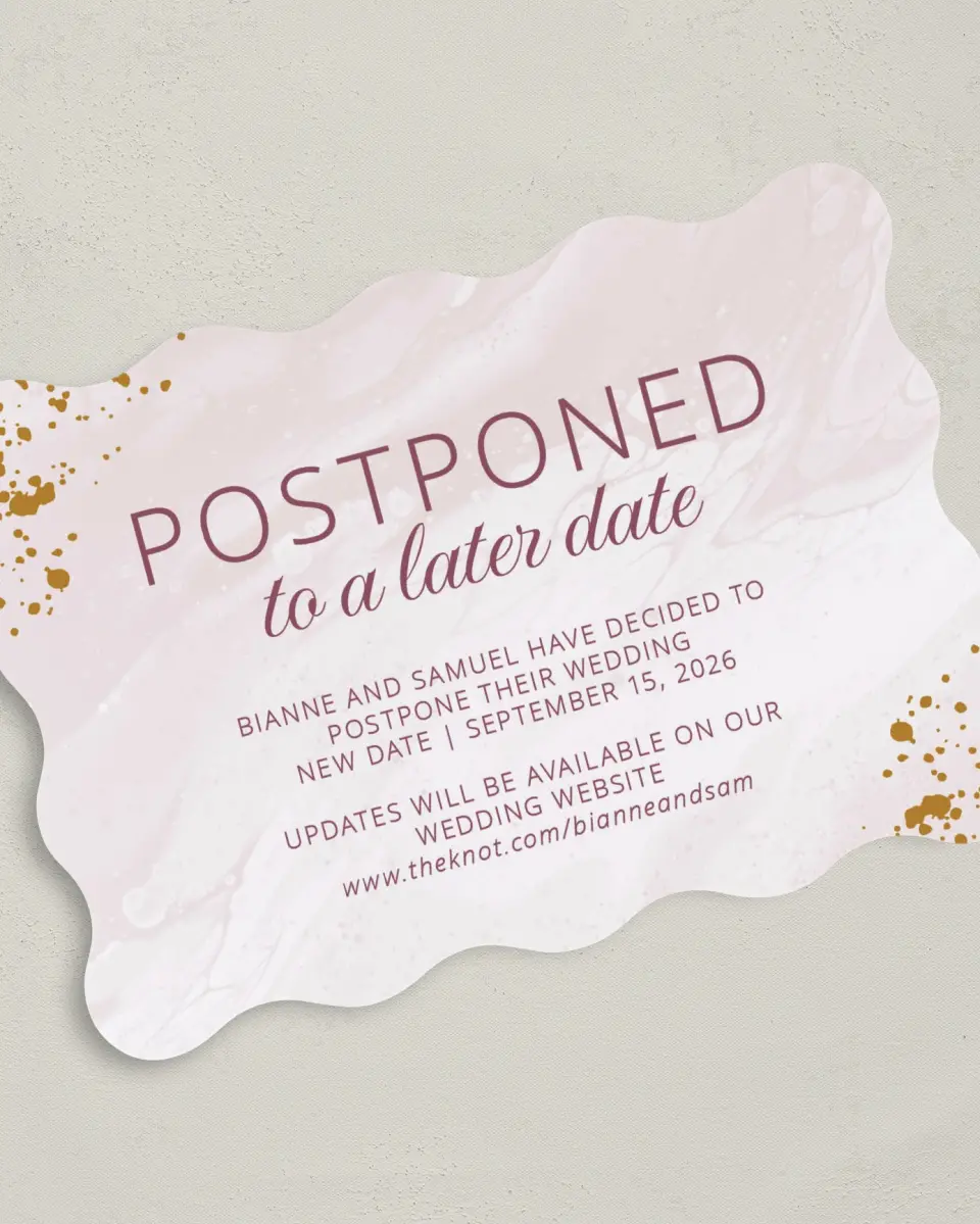 This is a 5" x 7" Change the Date Card called Postponed printed in full color on Premium Smooth paper