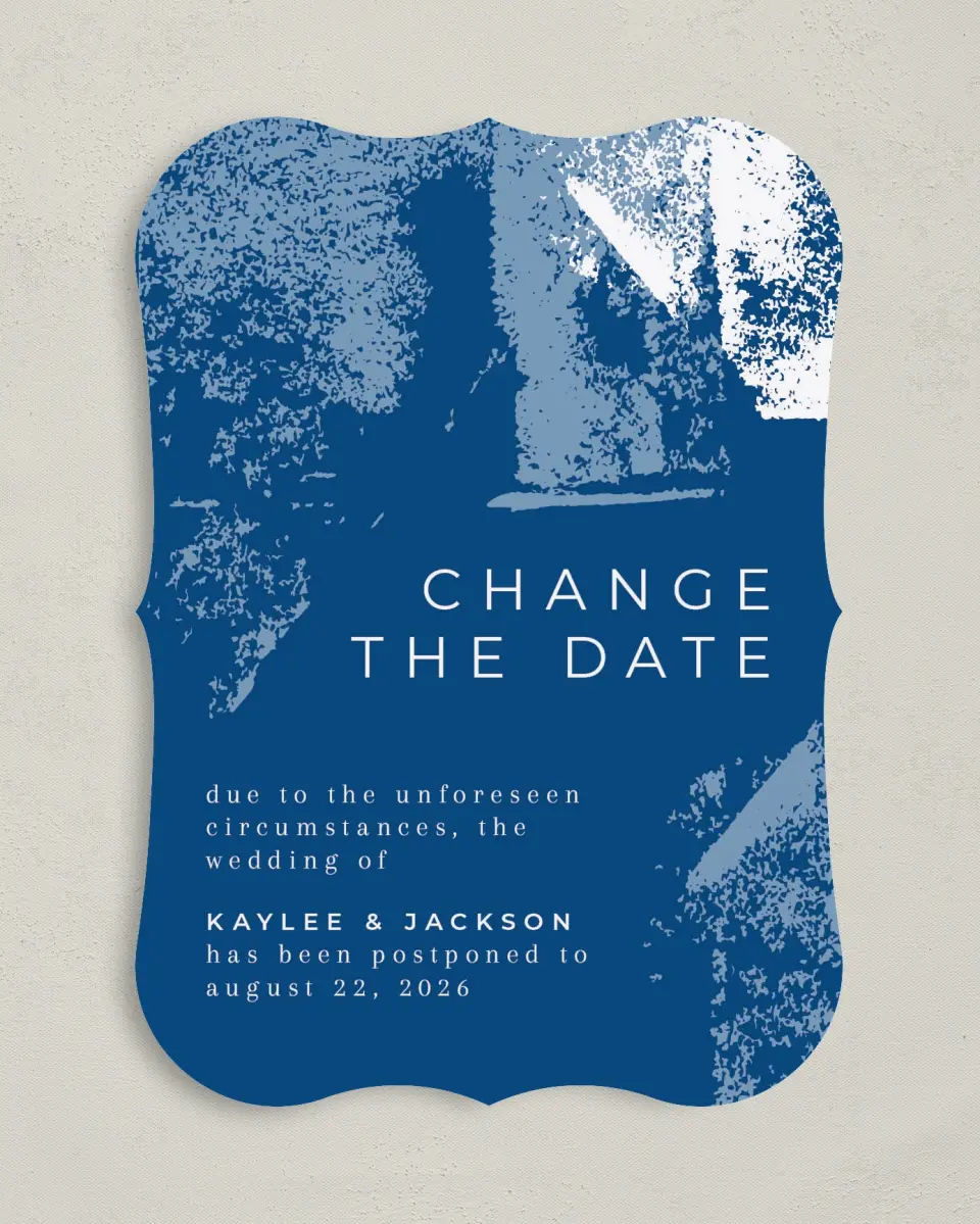 This is a 5" x 7" Change the Date Card called Our New Date printed in full color on Premium Smooth paper
