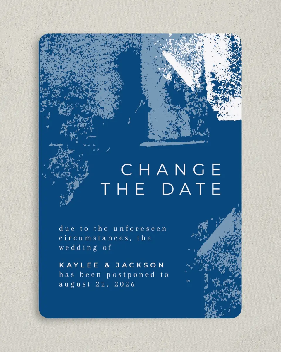 This is a 5" x 7" Change the Date Card called Our New Date printed in full color on Premium Smooth paper