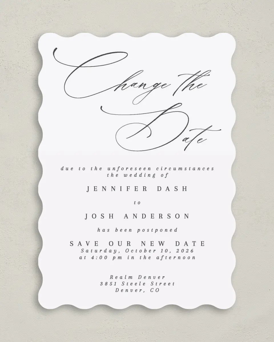 This is a 5" x 7" Change the Date Card called Elegant Change printed in full color on Premium Smooth paper