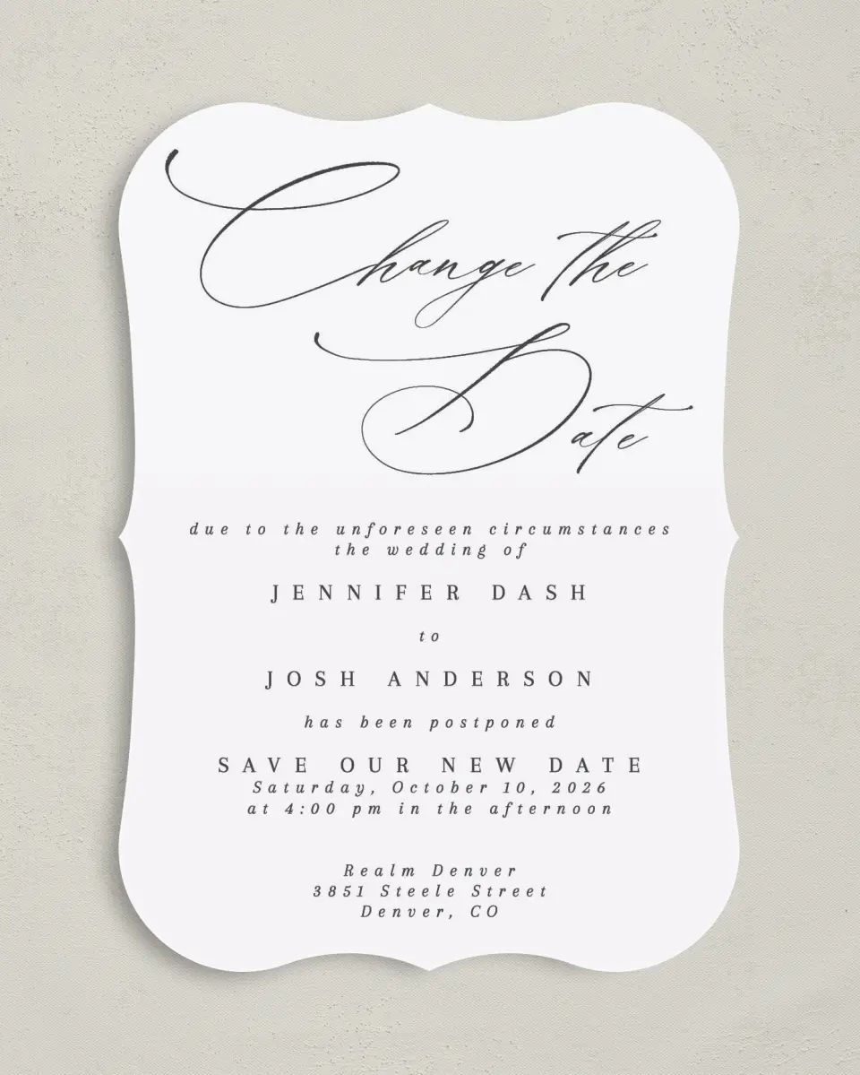 This is a 5" x 7" Change the Date Card called Elegant Change printed in full color on Premium Smooth paper