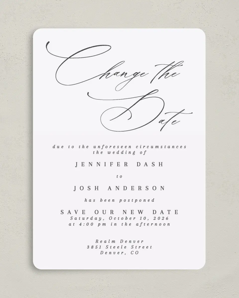 This is a 5" x 7" Change the Date Card called Elegant Change printed in full color on Premium Smooth paper
