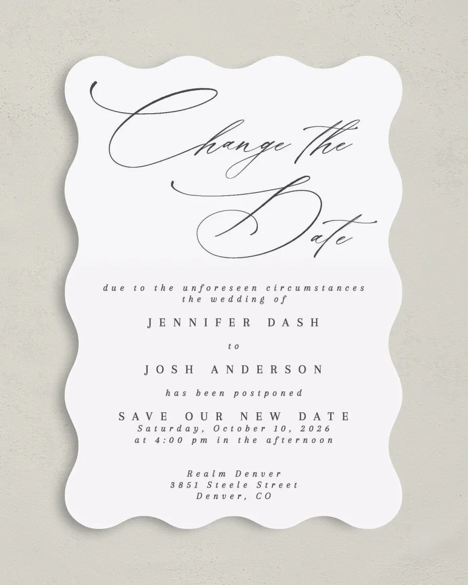 This is a 5" x 7" Change the Date Card called Elegant Change printed in full color on Premium Smooth paper