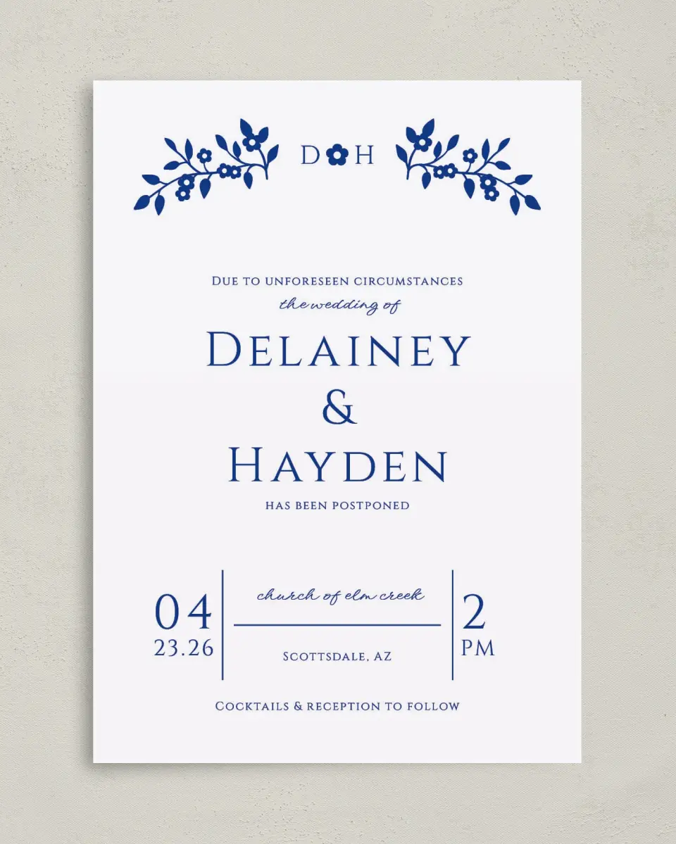 This is a 5" x 7" Change the Date Card called Update Announcement printed in full color on Premium Smooth paper