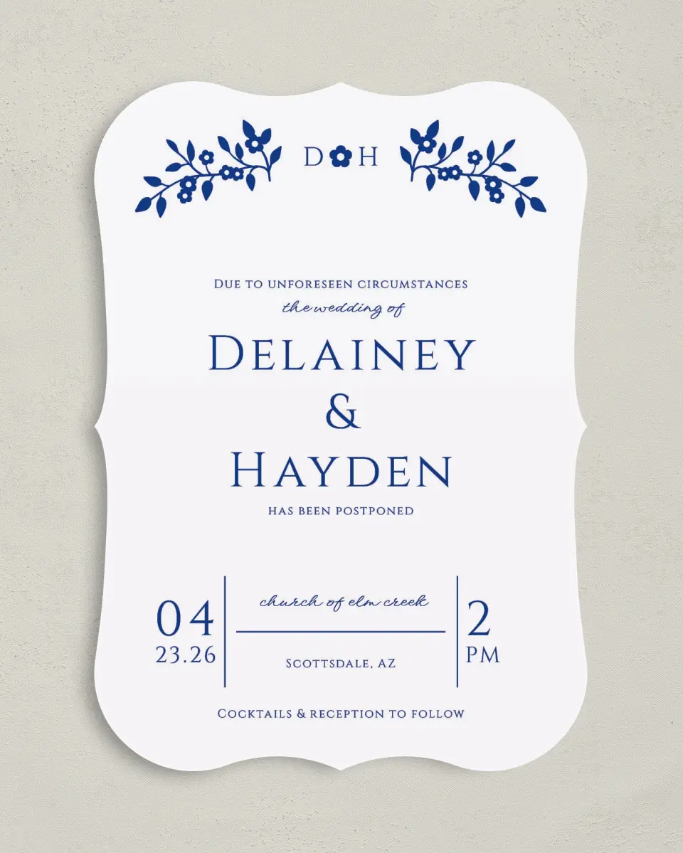 This is a 5" x 7" Change the Date Card called Update Announcement printed in full color on Premium Smooth paper