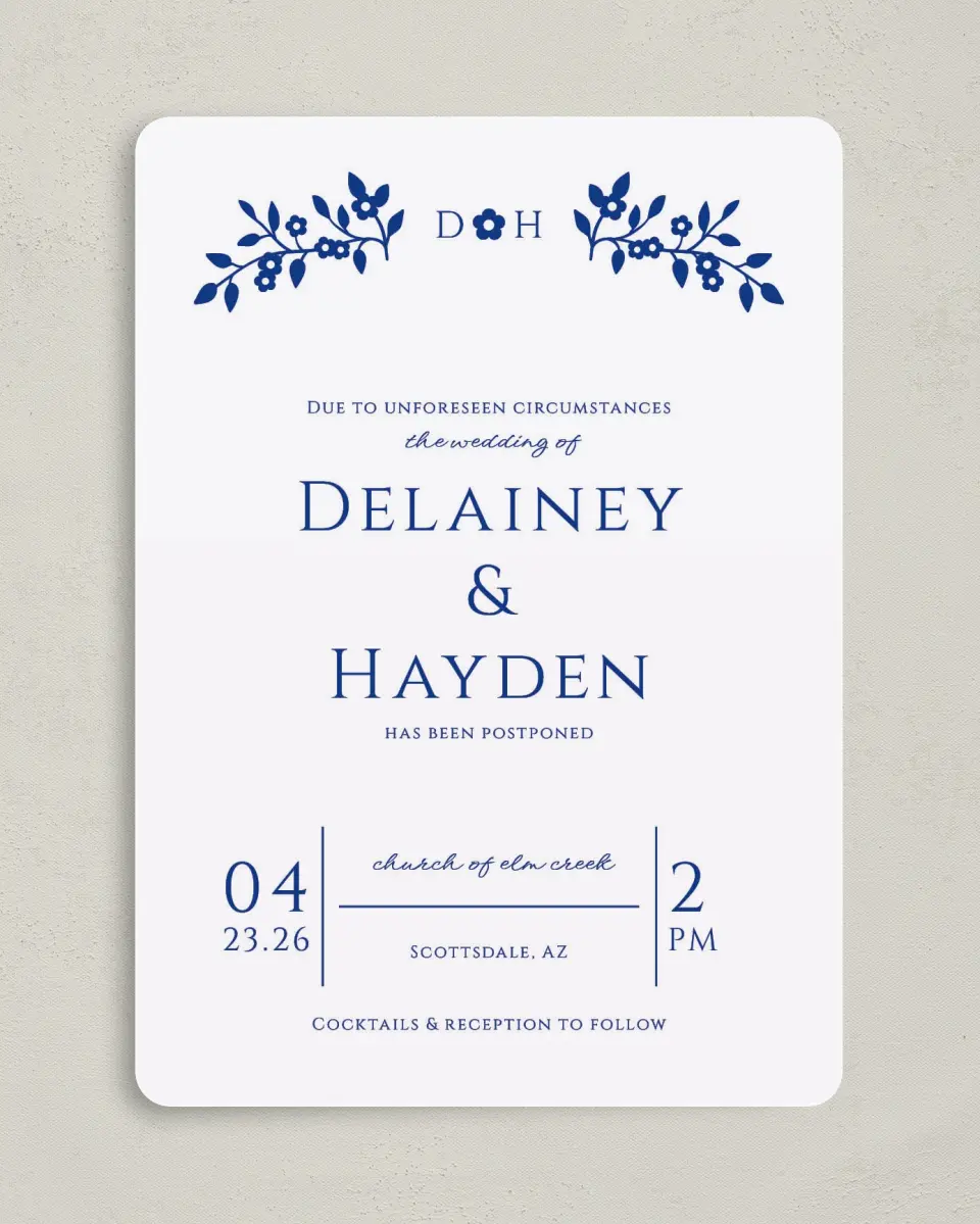 This is a 5" x 7" Change the Date Card called Update Announcement printed in full color on Premium Smooth paper
