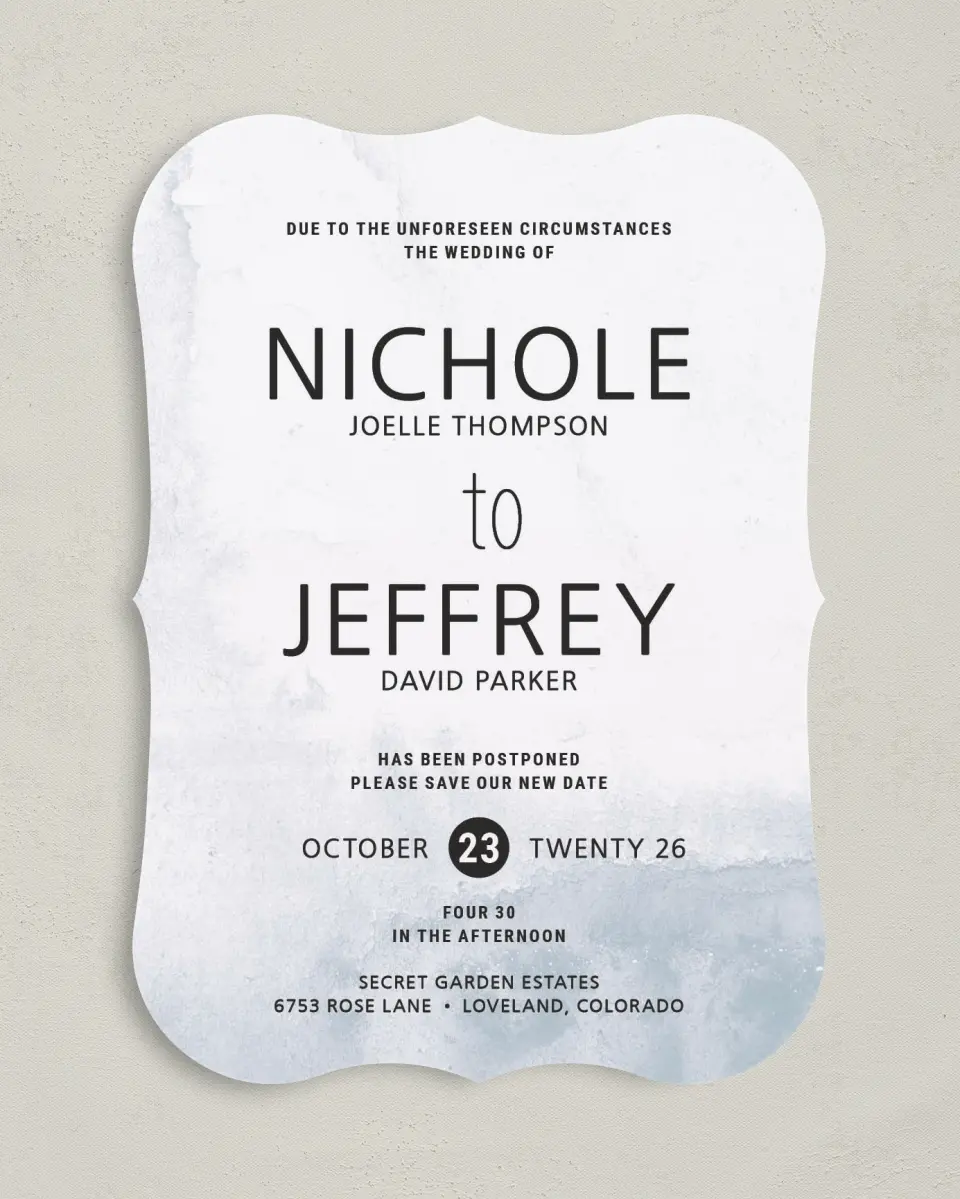This is a 5" x 7" Change the Date Card called Updates Coming printed in full color on Premium Smooth paper
